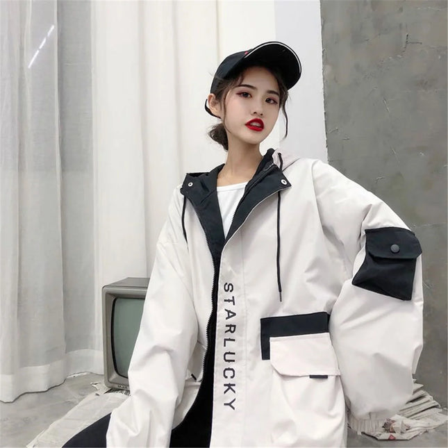 Vintage Streetwear Patchwork Jakke – Harajuku/Kpop Hoodie til Dame