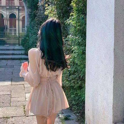 Elegant sommerkjole med puff-ermer – Off Shoulder mini-kjole i chiffon