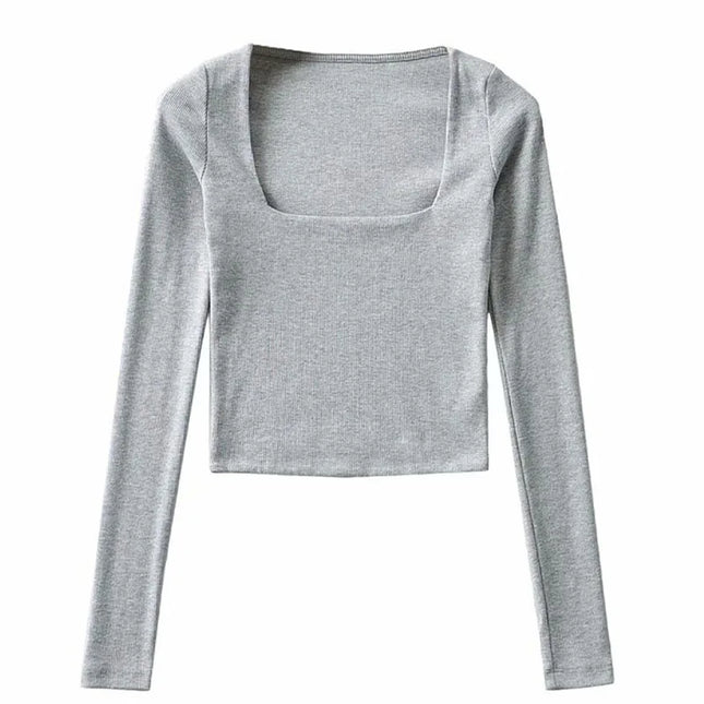 Dame Ribbestrikket Crop Top – Langermet med Kvadratisk Utringning