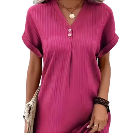 Sommerlig V-hals Kjole for Kvinner – Enkel Minikjole med Knapper til Hverdag og Kontor