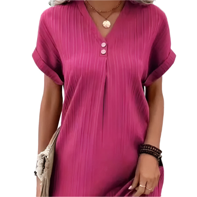 Sommerlig V-hals Kjole for Kvinner – Enkel Minikjole med Knapper til Hverdag og Kontor