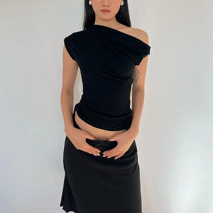 Énskulders Ribbestrikket Topp – Trendy Dame T-skjorte