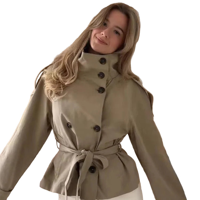 Kort Trenchcoat for Dame – Elegant Dobbelspent Jakke med Belte i Midjen og Ståkrage | Trendy Høstjakke 2025