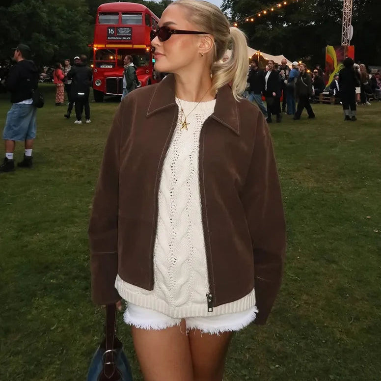 Dame Bomberjakke – Vintage Semsket Patchwork med Glidelås & Lommer