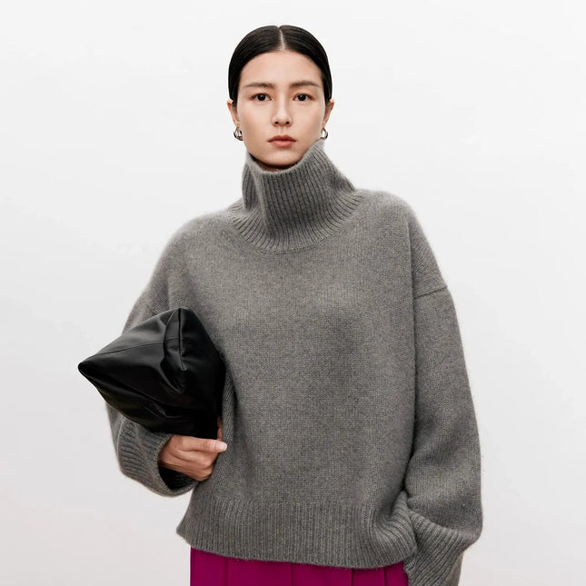 Tykk Høyhalset Kasjmirgenser for Kvinner – 100% Ren Kasjmir | Myk, Løs og Elegant Strikkegenser i Europeisk Stil