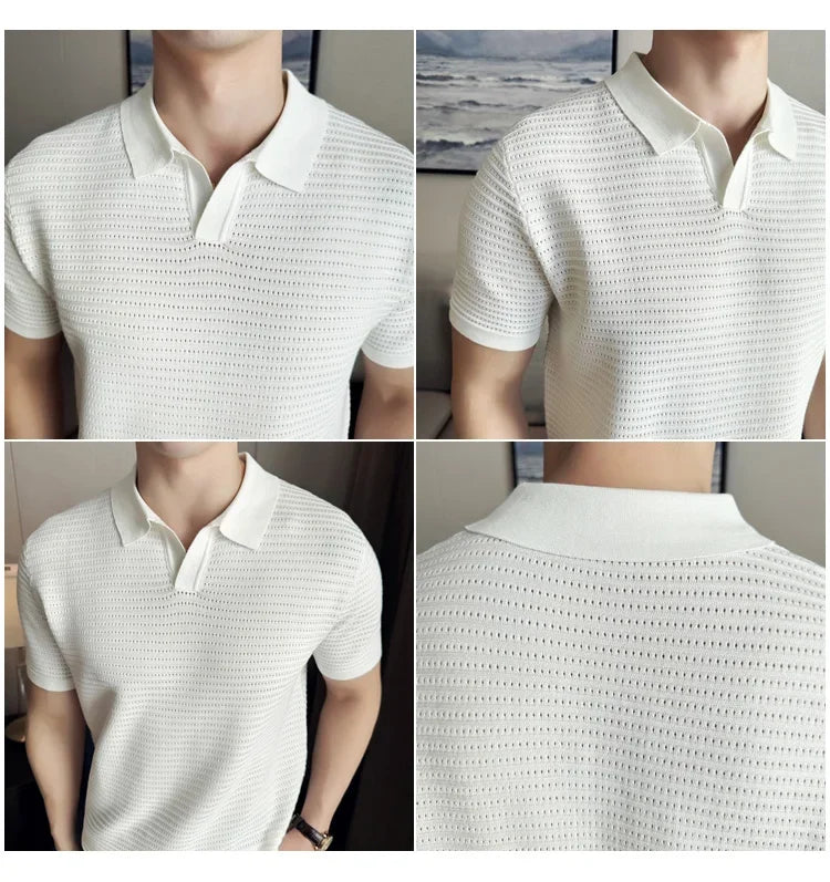 Sommer Polo T-skjorte for Menn – Tynn Strikket V-hals med Strukturert Stripemønster (2024)