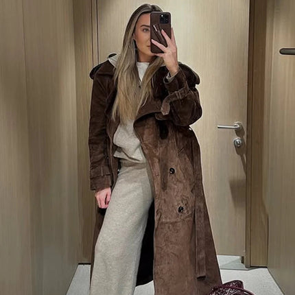 Lang Semsket Frakk for Dame – Eleganter doppelter Jakke mit Belte | Vintage-Stil für Herbst und Winter 2025