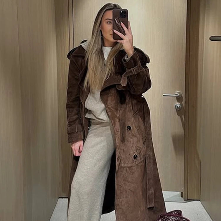 Lang Semsket Frakk for Dame – Elegant Dobbeltspent Jakke med Belte | Vintage Stil til Høst og Vinter 2025