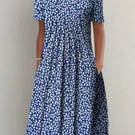 Elegant Sommerkjole med Vidt Skjørt – Rund Hals og Kort Erm med Blomsterprint (2024 Nyhet)