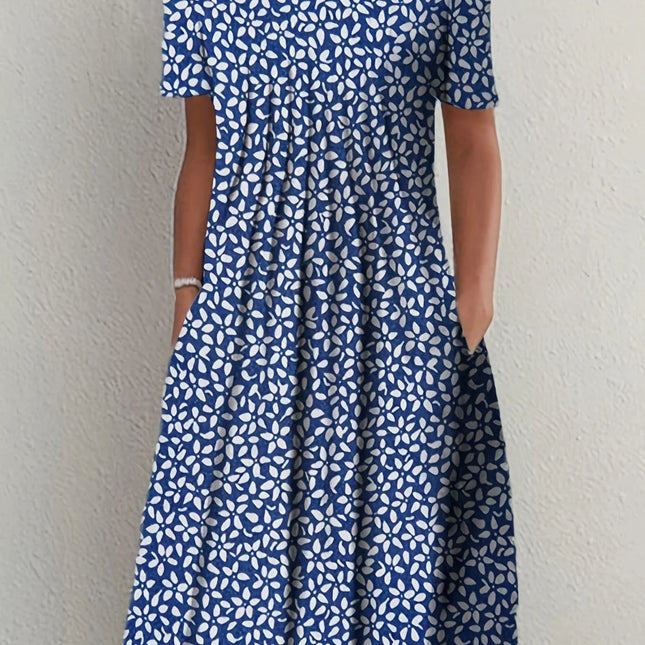 Elegant Sommerkjole med Vidt Skjørt – Rund Hals og Kort Erm med Blomsterprint (2024 Nyhet)