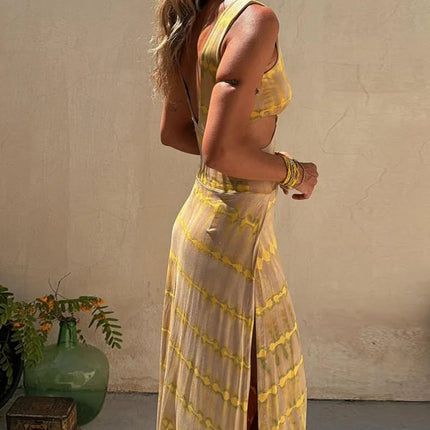 Ermeløs Sommerkjole med V-hals og Utskjæringer – Elegant Patchwork Kjole for Dame