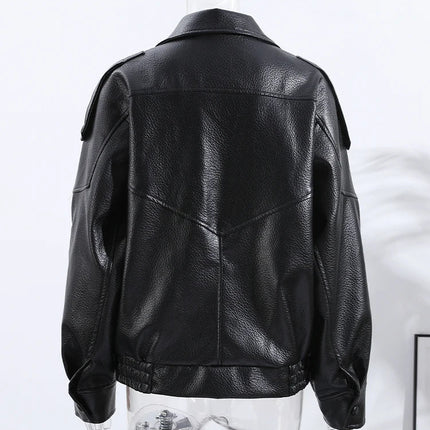 Stilren Skinnjakke for Dame – Løs Passform med Ståkrage og Glidelås | Trendy Høst/Vinter 2025