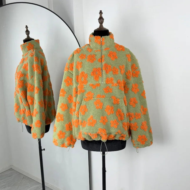 Blomstrete Fuskepels Hettejakke for Dame – Myk, Løs & Varm Teddyjakke | Perfekt til Høst og Vinter