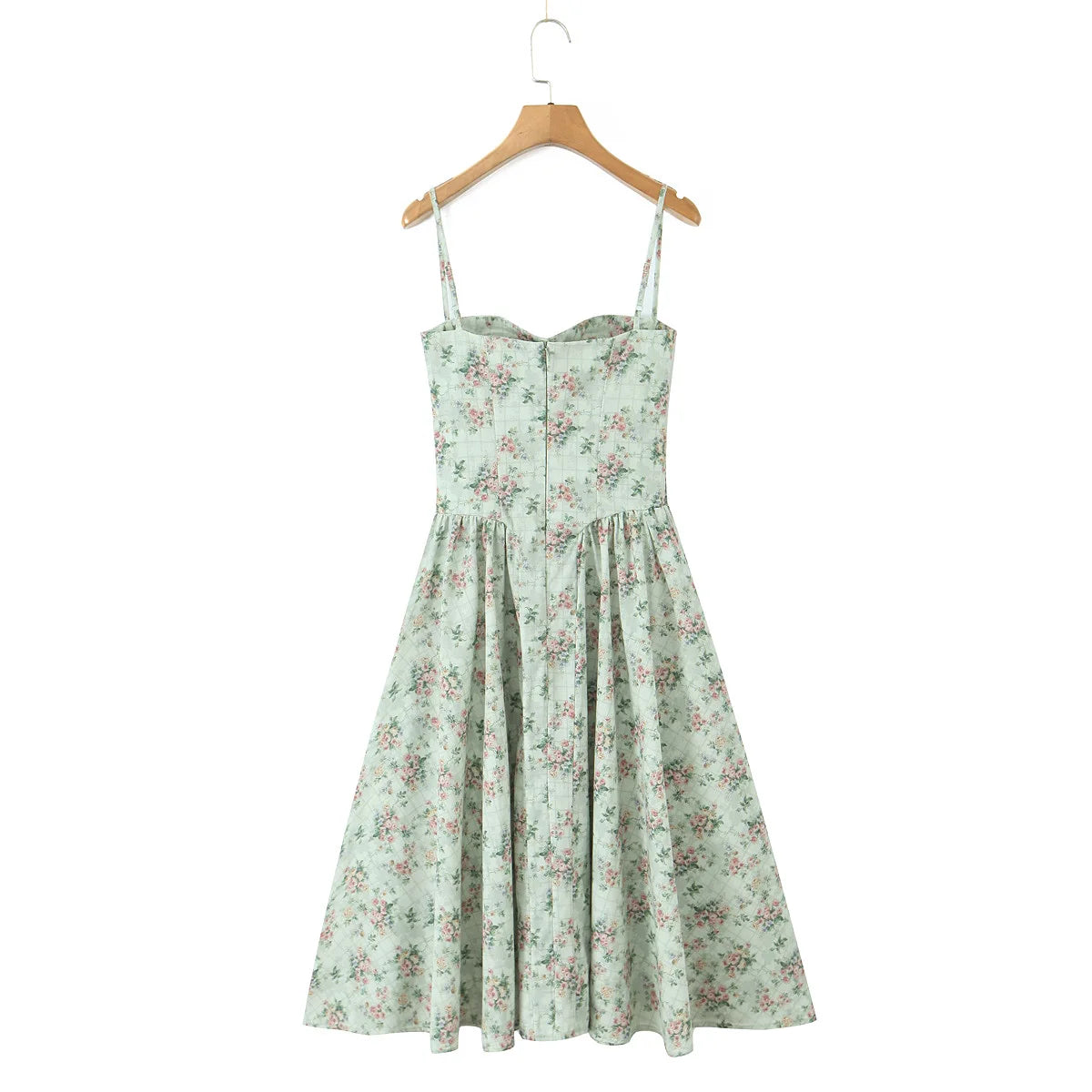 Romantisk Grønn Blomsterkjole – Korsettstil med Midi Lengde og Elegant Sving