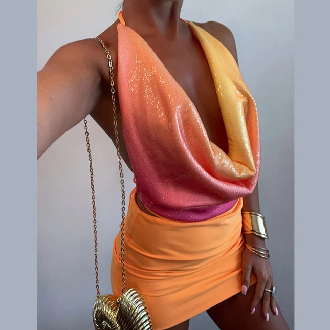 Fargerikt Paljettsett – Halterneck Toppløs Vest & Bodycon Miniskjørt