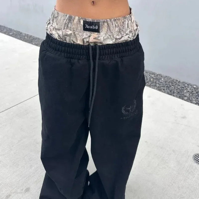 Vintage Harajuku Sweatpants – Broderte Unisex Bukser med Høyt Liv & Vide Ben | Streetwear & Hip Hop Stil