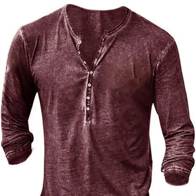 Vintage Henley Langermet T-skjorte for Menn – Vasket Retro Stil med Knappelukking | Komfortabel og Avslappet Hverdagsgenser