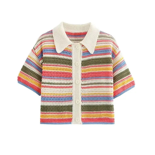 Stripet heklet cropped genser – polokrage, kort erm (dame)