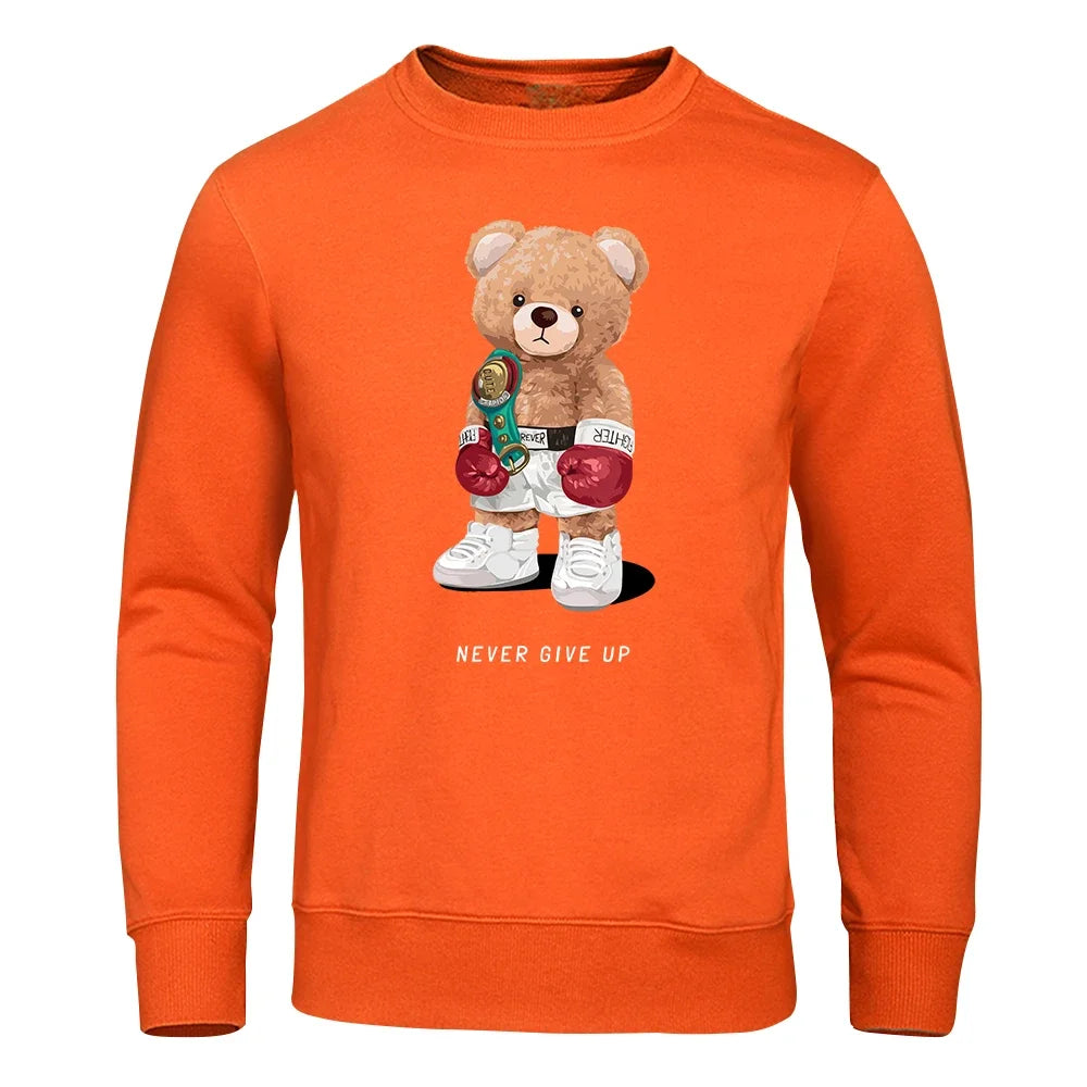 Herre Hoodie med Trykk – "Strong Boxer Teddy Bear" | Løs Passform & Streetwear Harajuku Stil