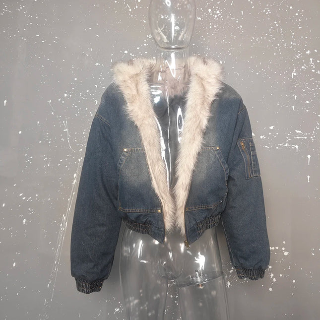 Herre Dunjakke i Denim-look – Tykk Vattert Jakke med Fuskepelskrage & Hette | Oversized Vinterjakke 2024