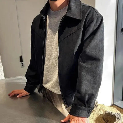 Elegant Brun Herrejakke – Vintage Kort Jakke med Glidelås og Løs Passform