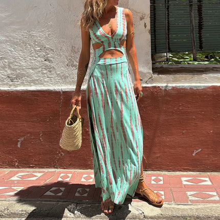 Ermeløs Sommerkjole med V-hals og Utskjæringer – Elegant Patchwork Kjole for Dame