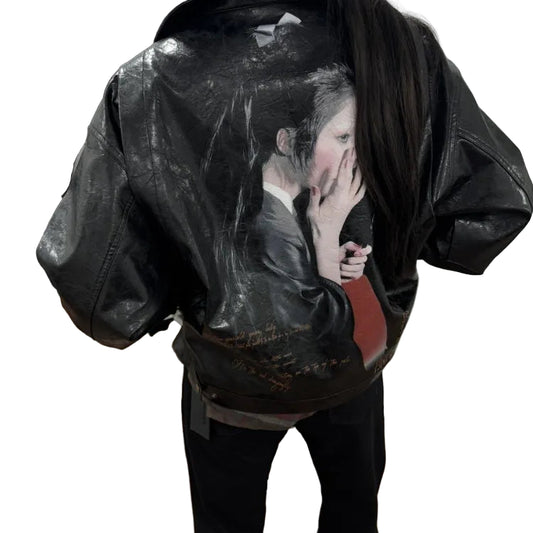 Harajuku Skinnjakke for Dame – Vintage PU Jakke med Print | Streetwear & Y2K Stil til Høst og Vinter