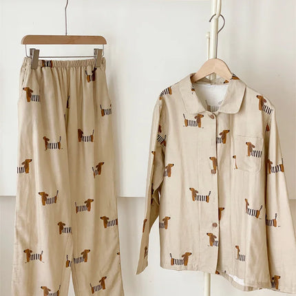 Pysjamasett i 100% Bomull med Søt Pølsehund-Print – 2-delt (Langermet Topp + Hel-Lang Bukse) | Vår/Høst