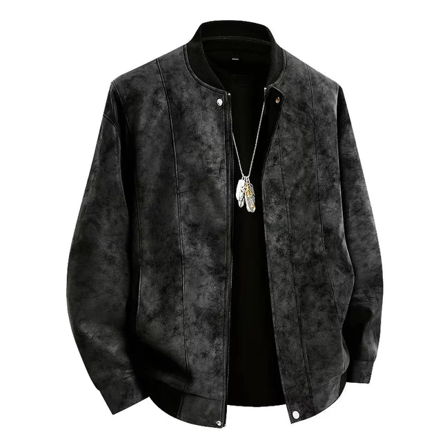 Herrejakke i Semsket Skinn – Retro Bomber med Baseball-krage | Slim Fit & Streetwear