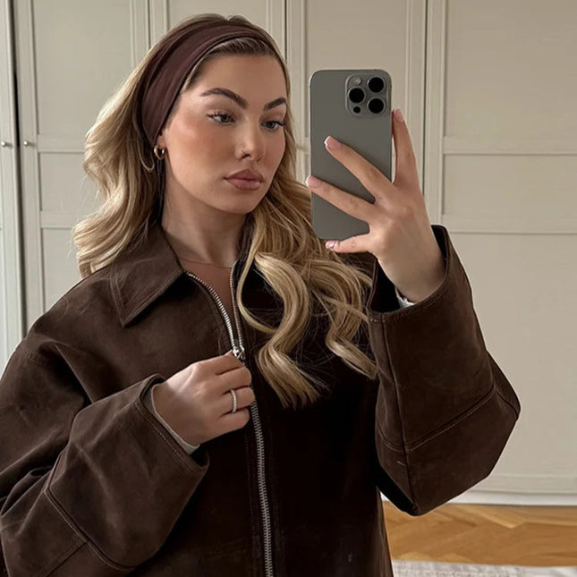 Dame Bomberjakke – Vintage Semsket Patchwork med Glidelås & Lommer