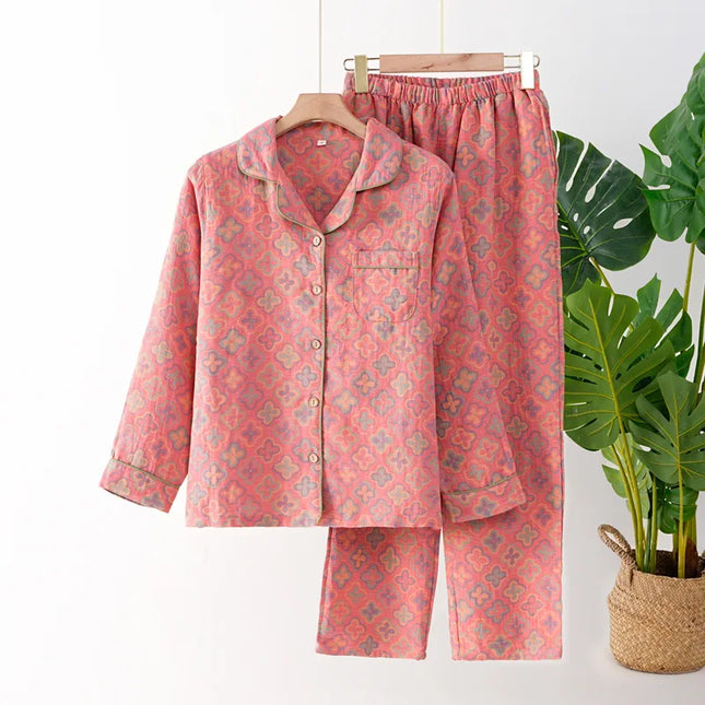 Jacquard Pysjamasett i Bomull (Garnfarget) – 2-delt Langermet Sett med Etnisk Mønster | Høst Loungewear