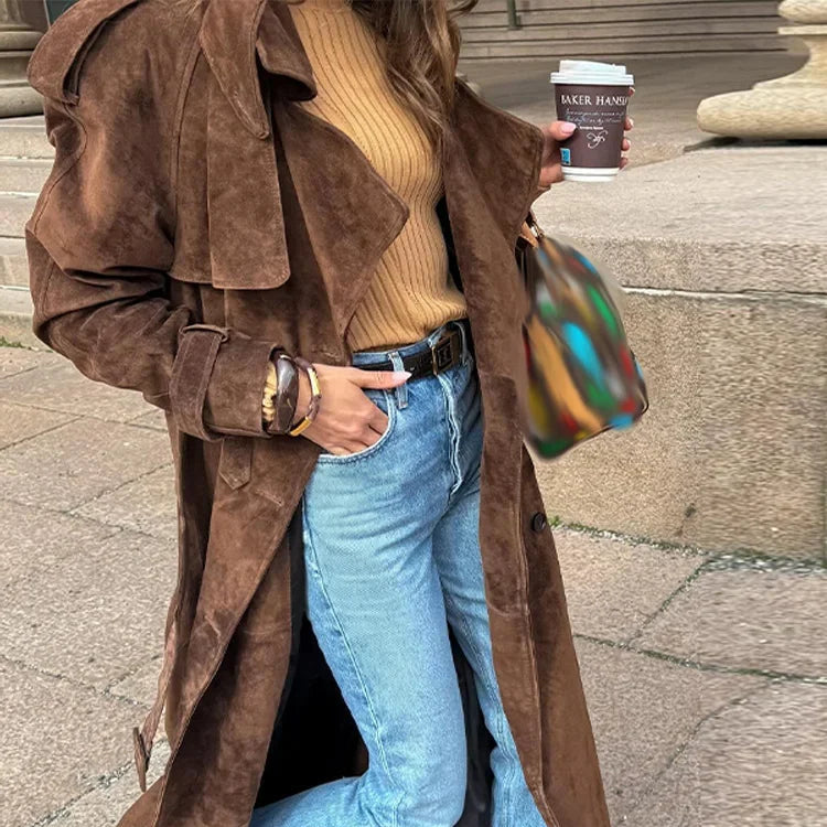 Lang Semsket Frakk for Dame – Elegant Dobbeltspent Jakke med Belte | Vintage Stil til Høst og Vinter 2025