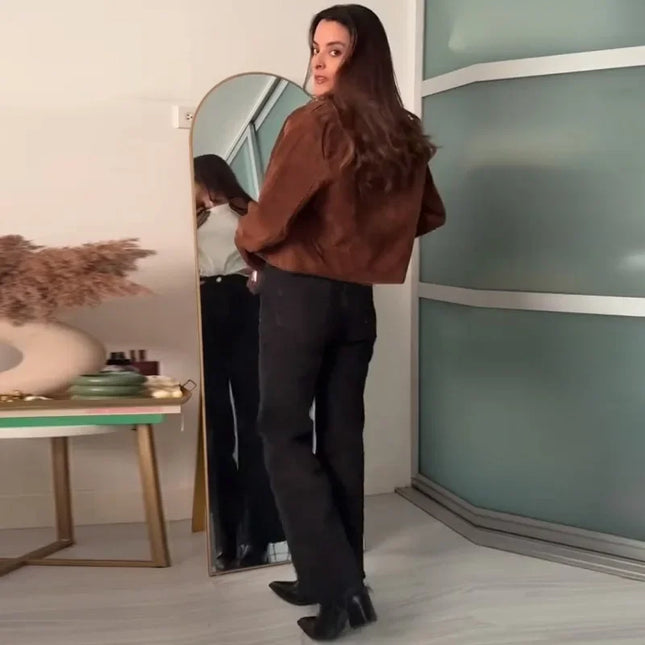 Vintage Semsket Kort Jakke til Dame – Streetwear med Glidelås & Krage