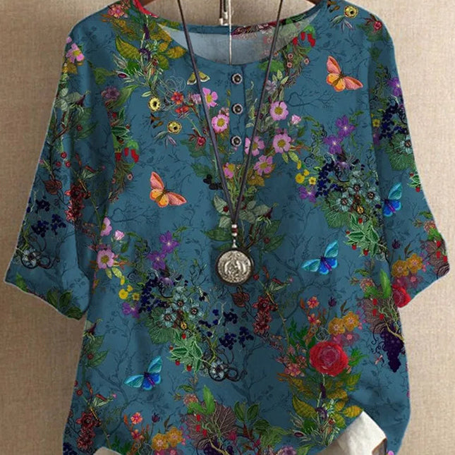 Etnisk Vintage-Print Bluse – Løs Passform, O-hals og Halvlange Ermer