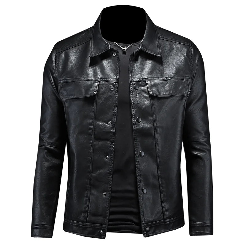 Stilren Herre Skinnjakke med Krage – Slim Fit Motorsykkeldesign i Ensfarget Look (M–5XL)