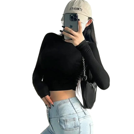 Dame Cropped Topp – Tettsittende Ribbestrikket Pologenser med Lange Ermer