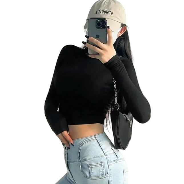 Dame Cropped Topp – Tettsittende Ribbestrikket Pologenser med Lange Ermer