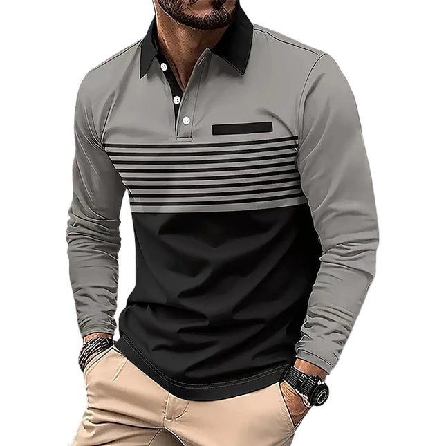 Langermet Polo for Menn – Business Casual Skjorte med Knapper og 3D Stripe Design | Komfortabel og Pustende Topp til Vår og Høst