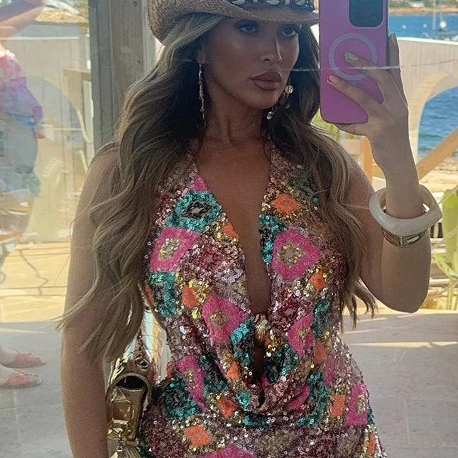 Fargerikt Paljettsett – Halterneck Toppløs Vest & Bodycon Miniskjørt