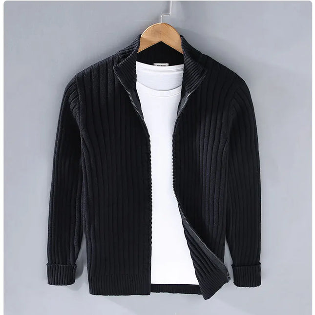 Strikket Herrecardigan med Glidelås – Slim Fit, Halvhøy Hals og Varm Komfort til Vår og Høst