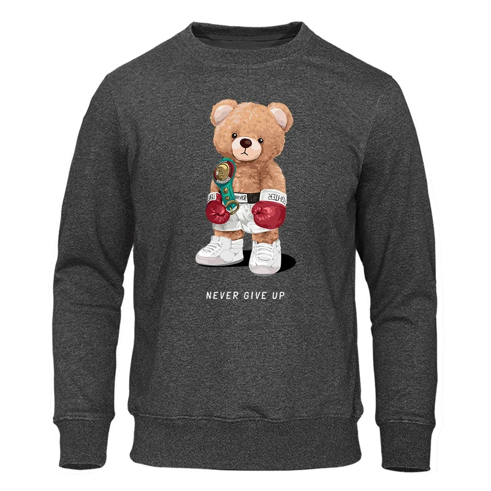 Herre Hoodie med Trykk – "Strong Boxer Teddy Bear" | Løs Passform & Streetwear Harajuku Stil