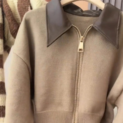 Strikkecardigan med skinnlook-krage – toveis glidelås, myk & vintage-inspirert (høst/vinter)