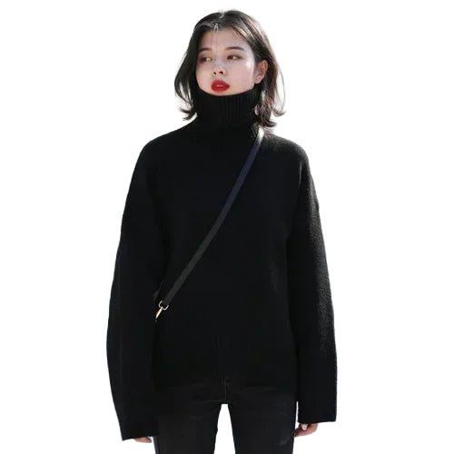 Koreansk Høyhalset Strikkegenser for Kvinner – Løs, Myk og Varm Genser til Høst og Vinter