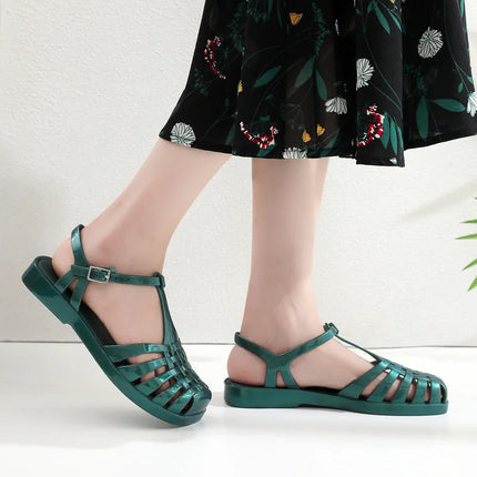 Dame Sandaler til Sommeren – Retro Flate Sandaler med Hul Mønster og Firkantet Tå