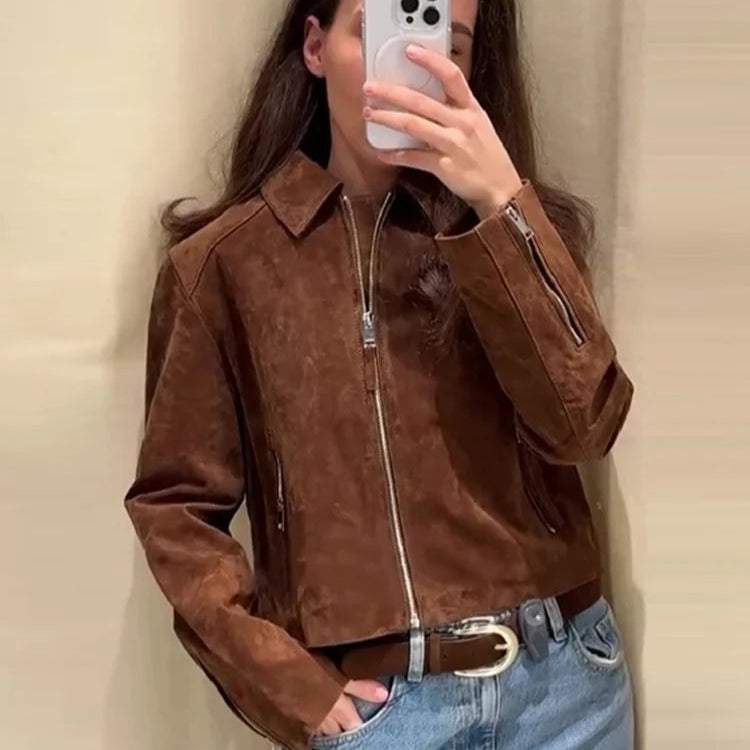 Vintage Semsket Kort Jakke til Dame – Streetwear med Glidelås & Krage