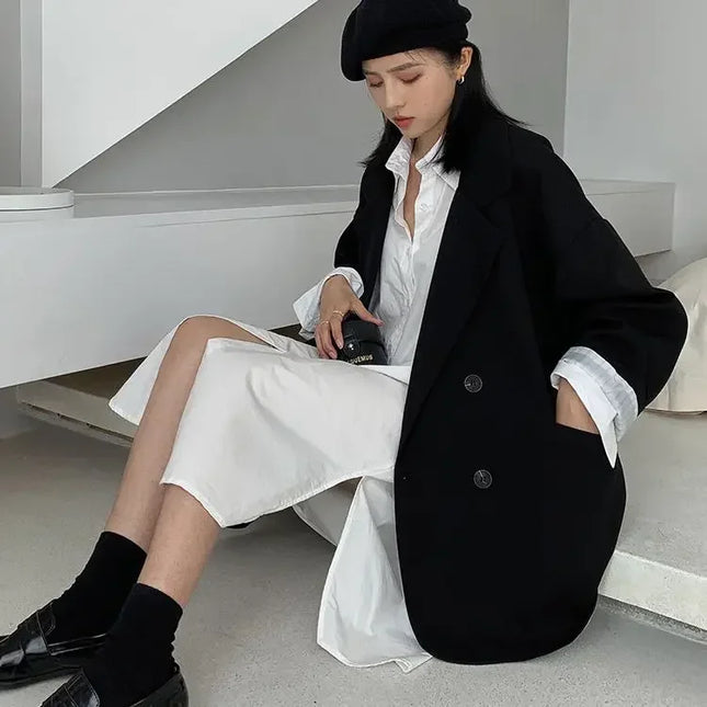 Vintage Blazer for Dame – Løs Dobbelspent Dressjakke med Lange Ermer | Elegant & Trendy Høststil 2025