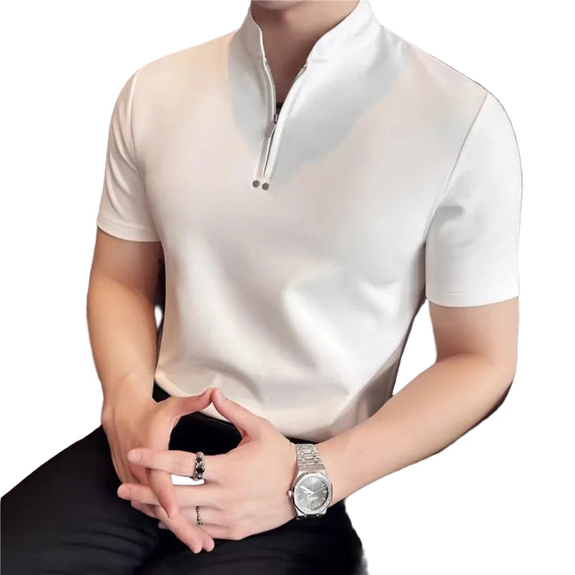 Herre T-skjorte med Høy Krage og Glidelås – Kortermet Slim Fit | Trendy Ensfarget Sommer Topp i Lett og Komfortabelt Stoff