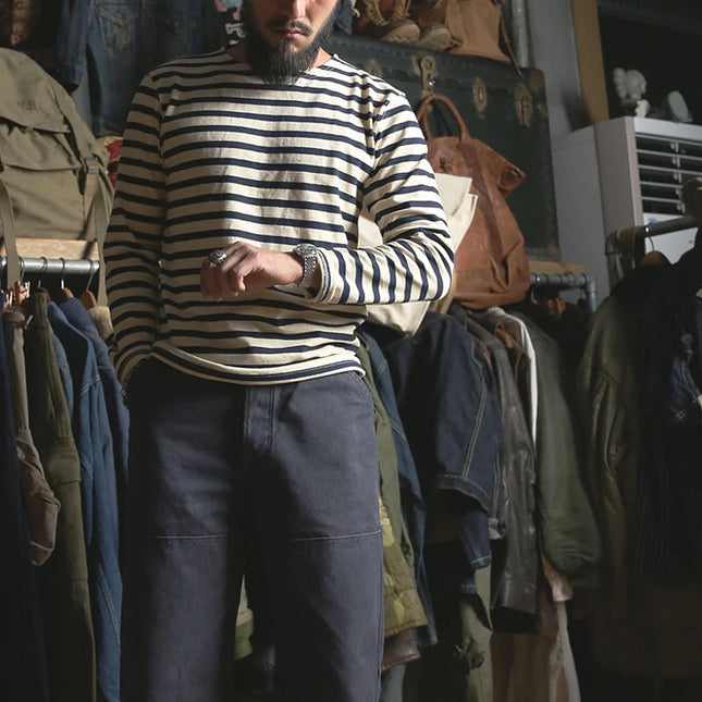 Vintage Sjømannsstripet Langermet T-skjorte – Klassisk Breton Skjorte med Båthals | Tidløs Maritim Stil for Menn og Kvinner