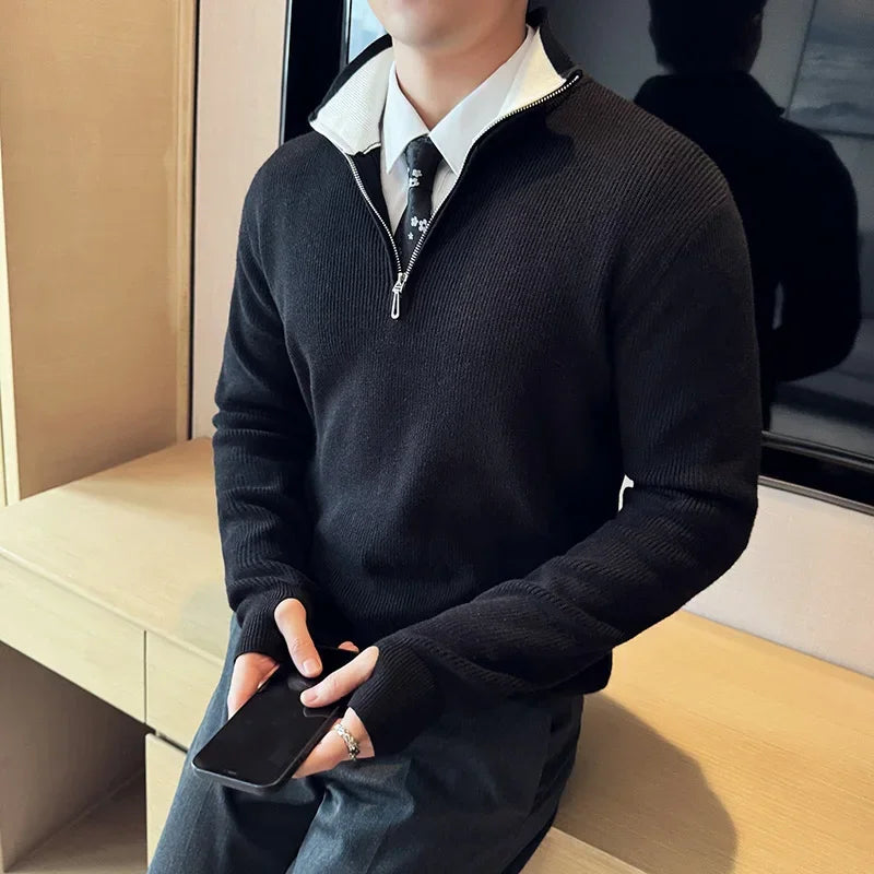 Herregenser med Halv Glidelås – Slim Fit Strikkegenser | Flerfarget Design & Ståkrage Høst/Vinter 2024