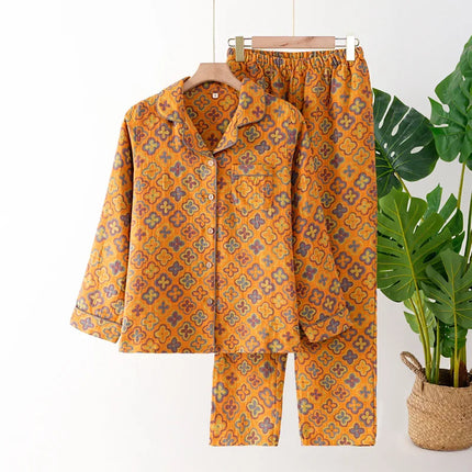 Jacquard Pysjamasett i Bomull (Garnfarget) – 2-delt Langermet Sett med Etnisk Mønster | Høst Loungewear